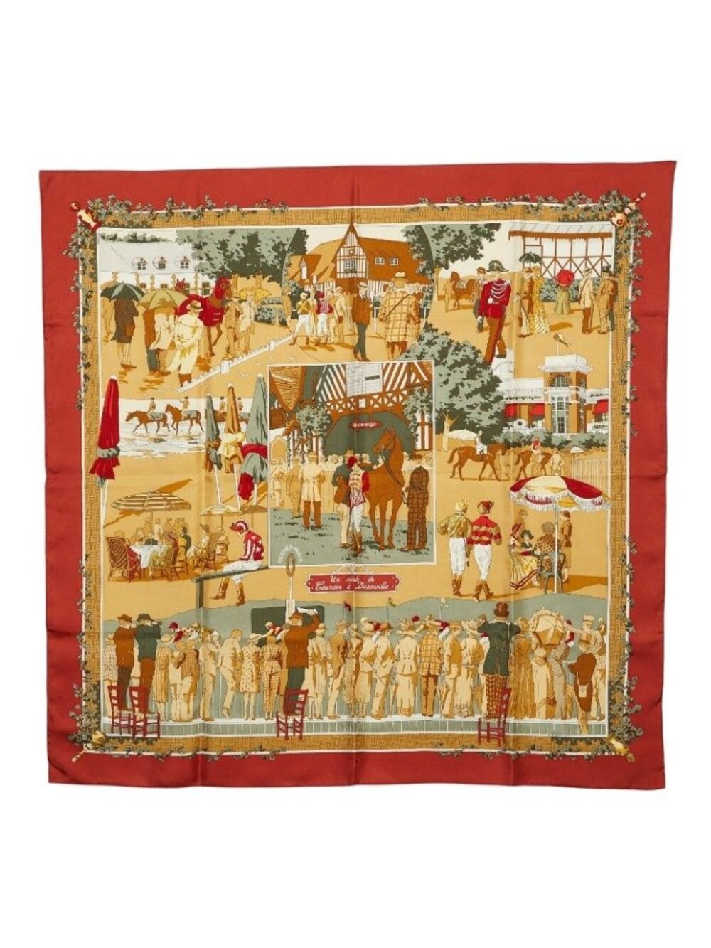 Hermes Carre 90 Un Siecle de Courses Deauville Horse Racing Era Scarf Brown